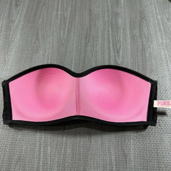 PINK Victoria's Secret Large Black Strapless Lace Bandeau Bra Padded Molded Cup - Picture 3 of 4